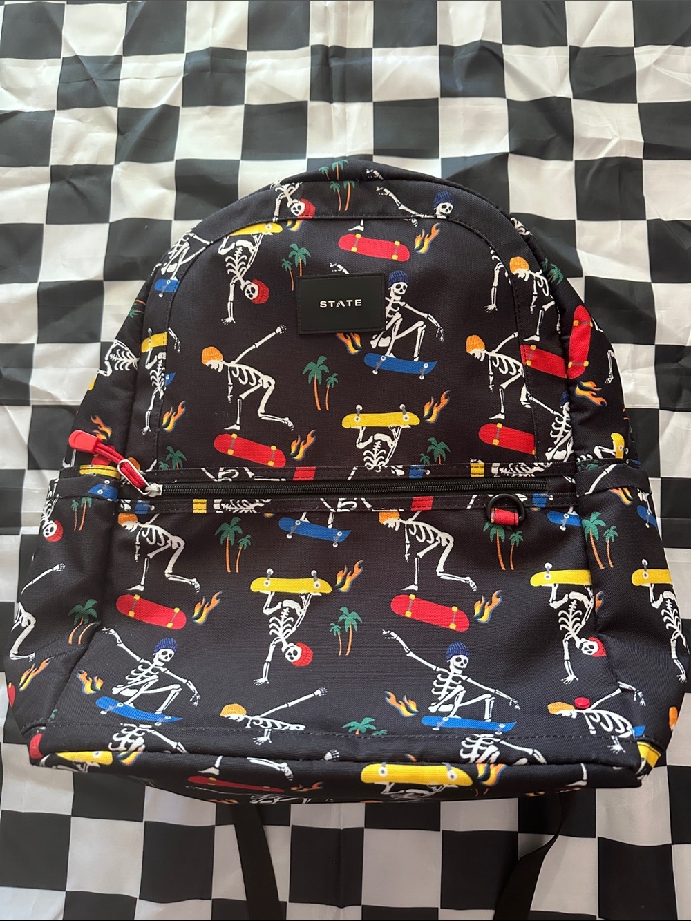 STATE Bags LIKE NEW Kane Kids Backpack w/ Skater Skeleton Print & Checker Straps